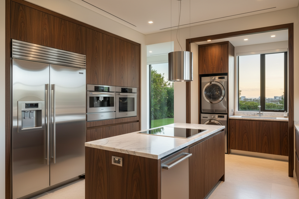 Premium household appliance suite in a luxury kitchen and laundry setting