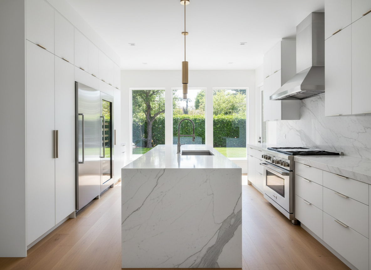 Luxury modern kitchen with built-in refrigerator and premium appliances
