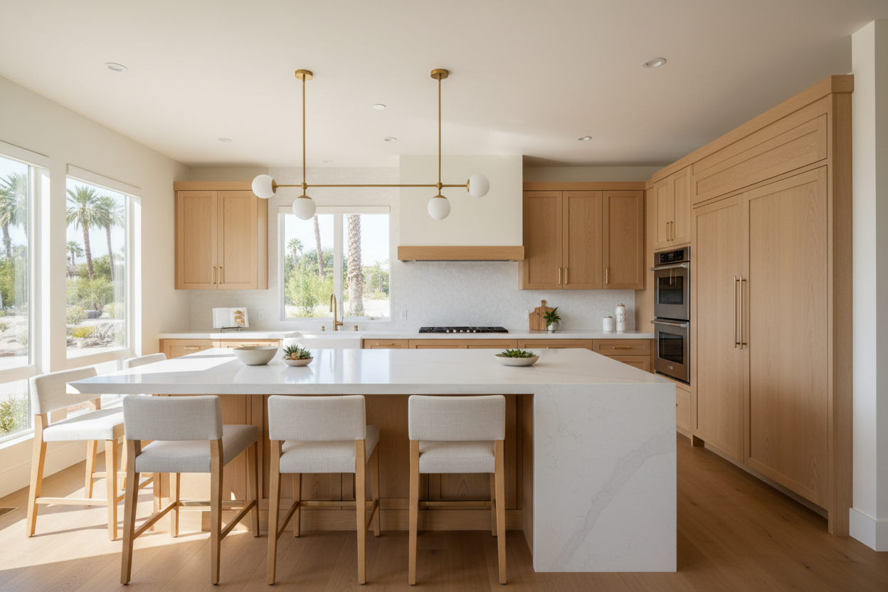Bright upscale kitchen interior with integrated refrigerator and wall oven